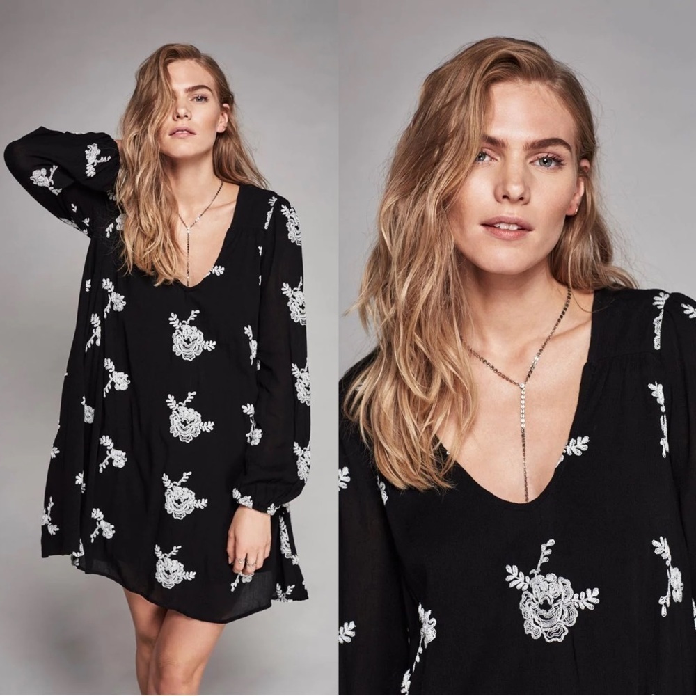 Free People • Embroidered Austin Mini Dress black cream floral flowy swing Emma - Picture 3 of 16